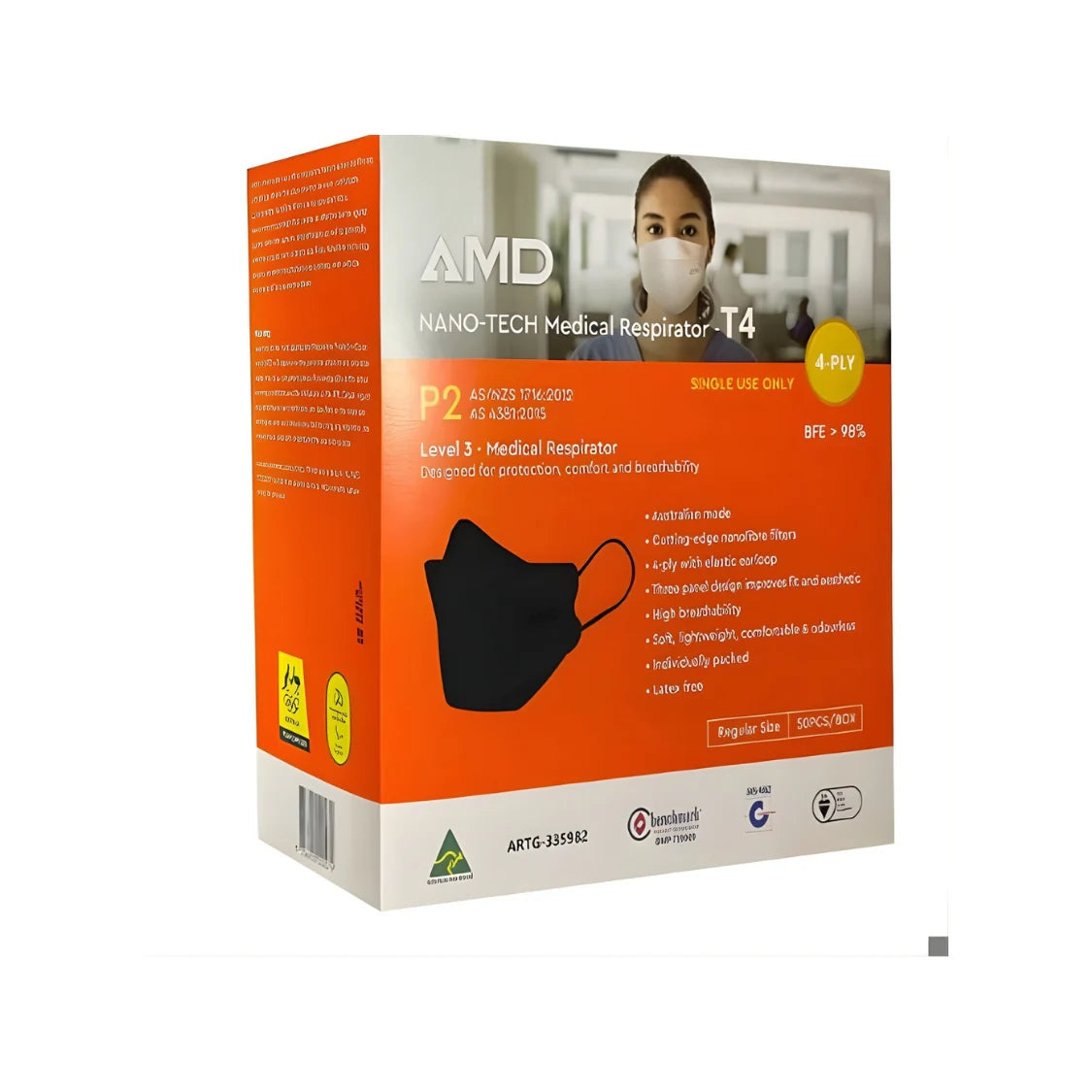 AMD - Black T4 Earloop Mask - Box of 50